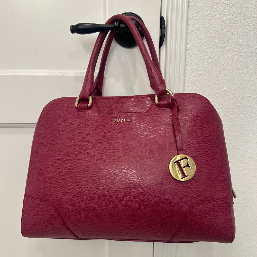 Furla Raspberry Pebbled Leather Satchel Handbag